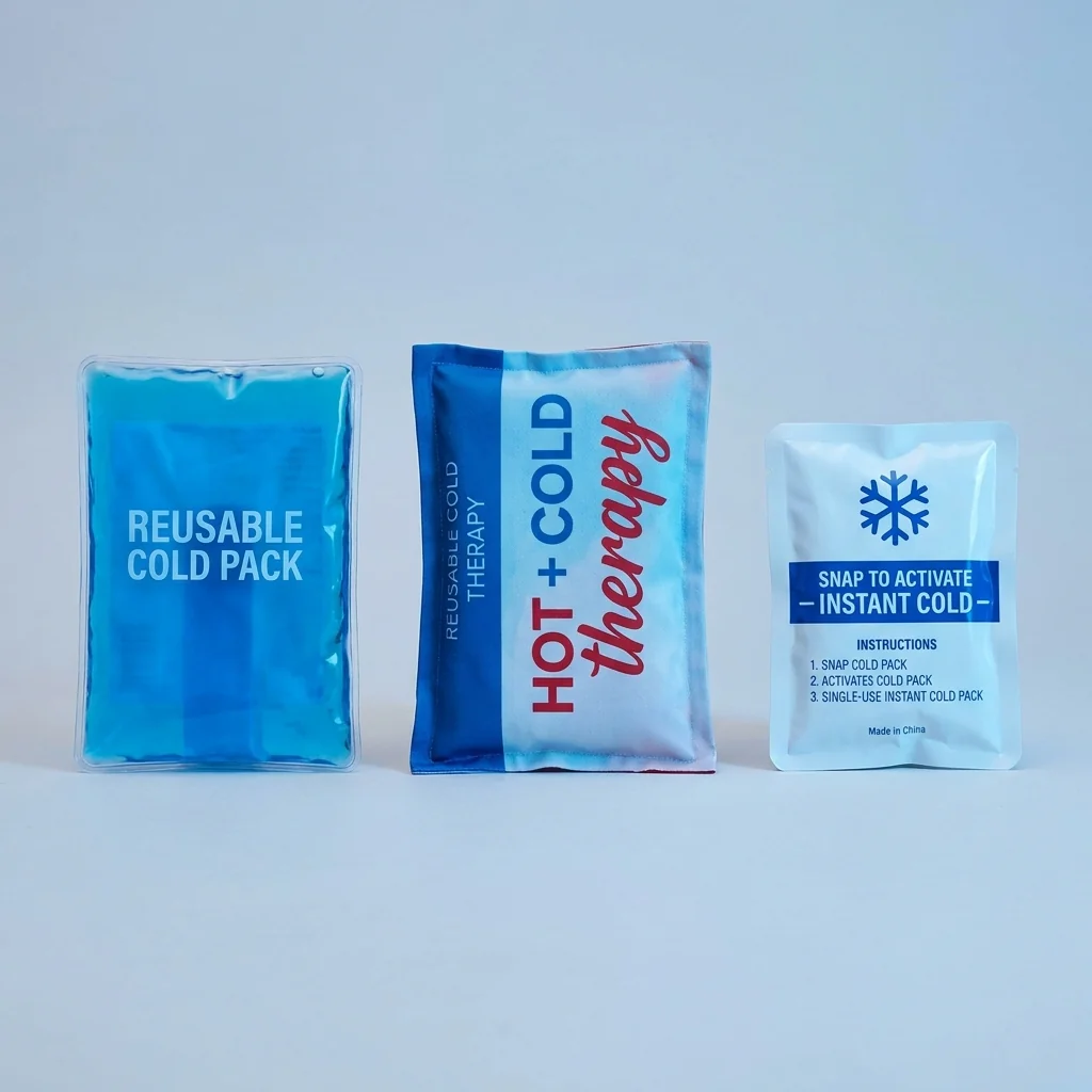 Reusable gel pack, hot-cold pack, and instant cold pack shown side by side