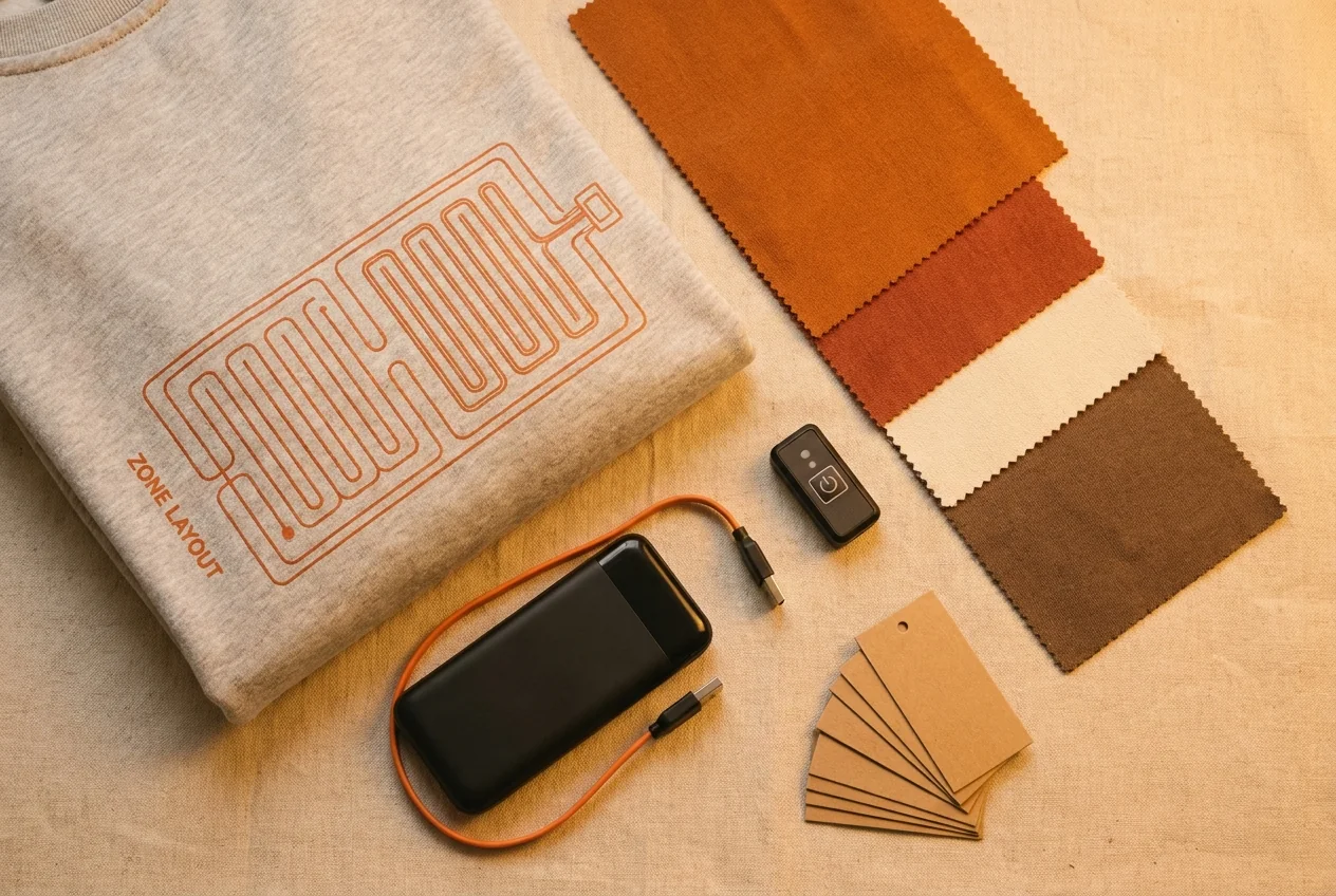 Heated apparel customization: heating-zone layout, battery, controller, fabric, and logo samples
