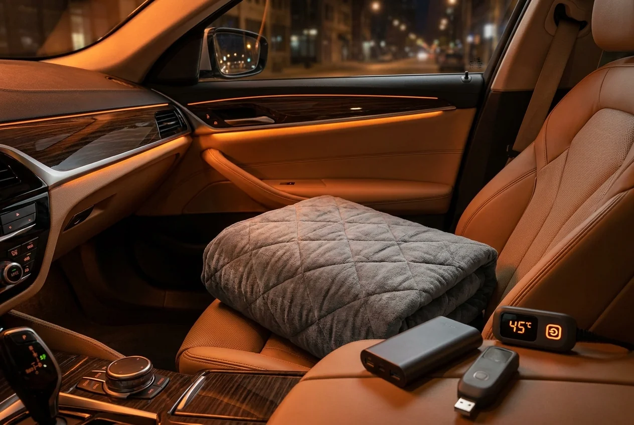 Portable battery-heated blanket for travel and vehicle use