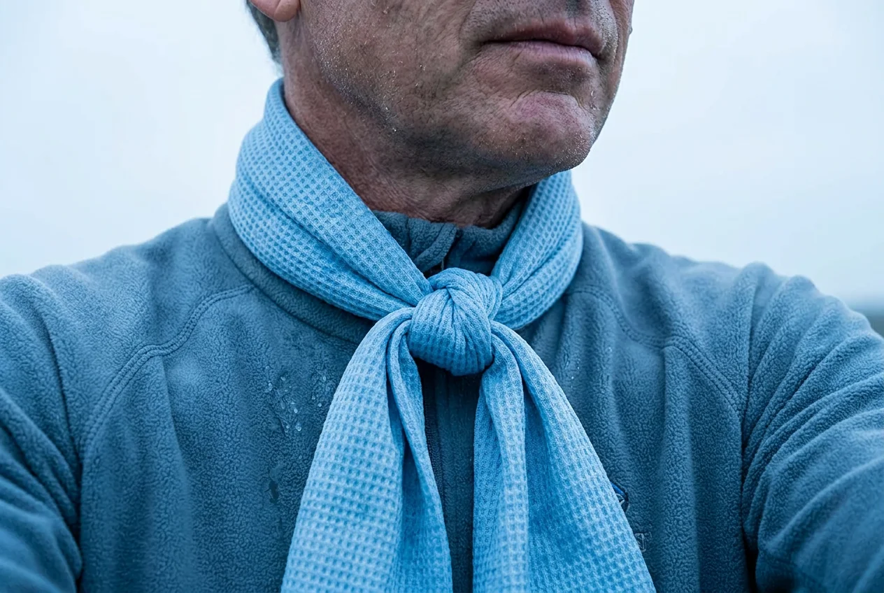 Evaporative cooling scarf tied at the neck