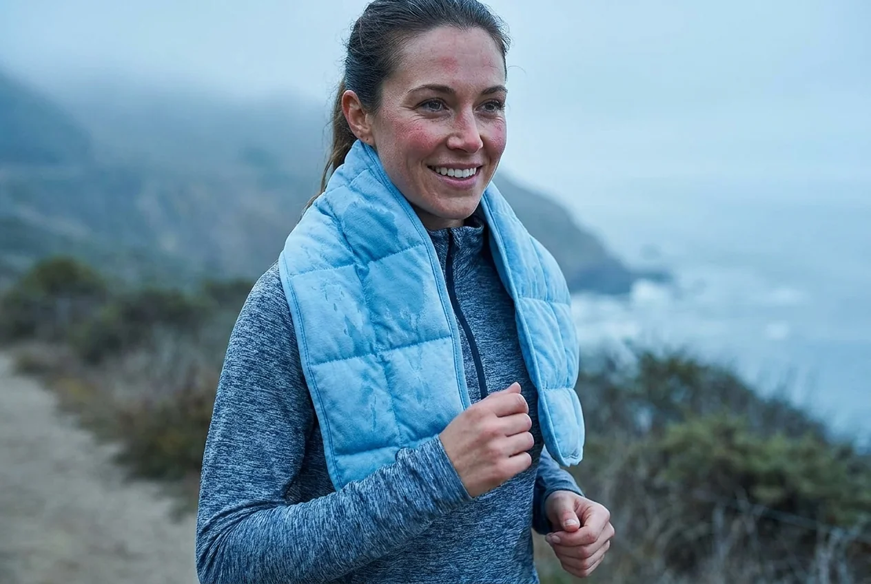 Cooling neck wrap covering neck and shoulders