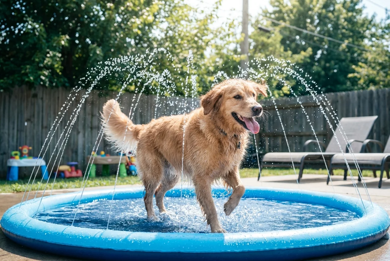 Dog playing on a water splash pad