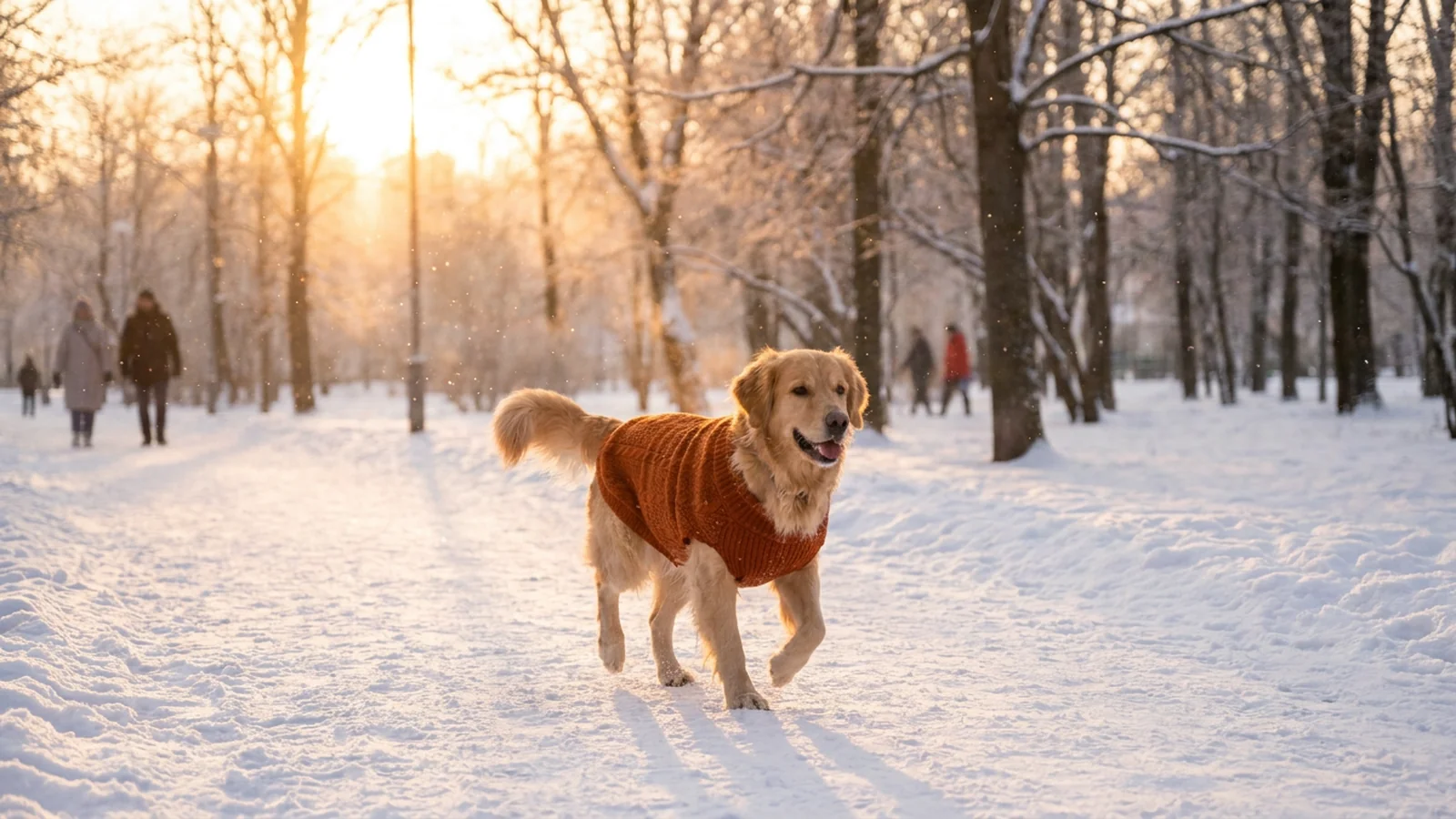 Dog in a warm coat outdoors in cold weather, cozy winter pet warmth scene